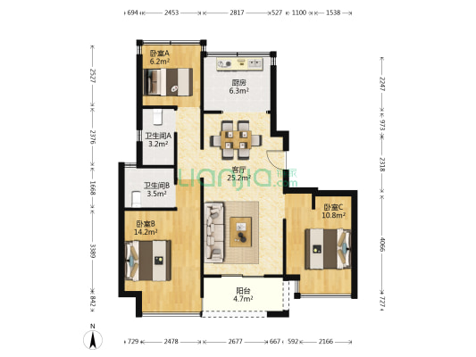 天空之城 3室1厅2卫 89平方