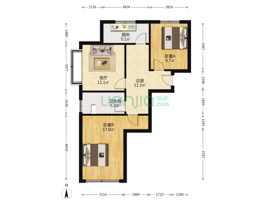 市北建投凤凰城 2室1厅1卫 88平方