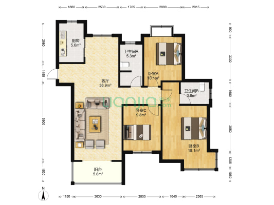 虹桥佳苑 3室1厅2卫 125平方
