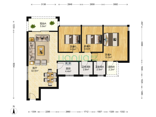 新园华府二期 3室1厅2卫 95平方