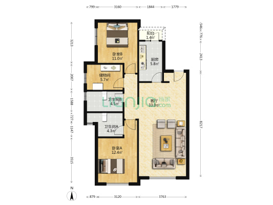 世茂寰海城二期 2室1厅2卫 111平方