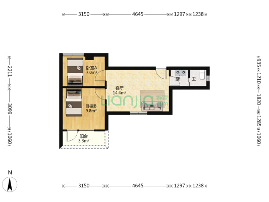 向西华侨新村 2室1厅1卫 55平方