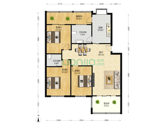 省外贸纺织宿舍 3室1厅2卫 134平方