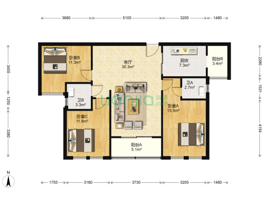 北京公馆 3室1厅2卫 115平方