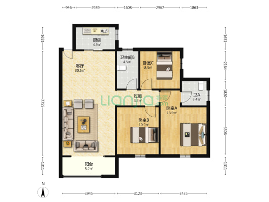 盛腾雅苑 3室1厅2卫 110平方