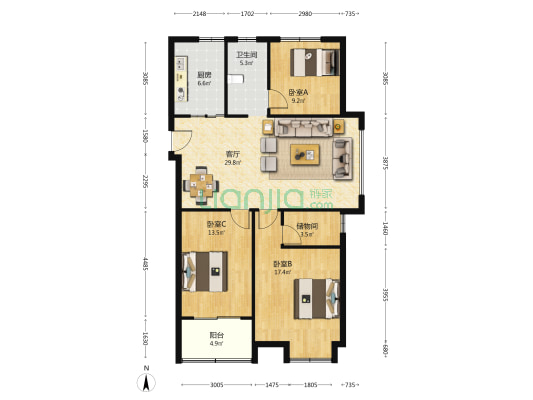 繁荣广场 3室1厅1卫 125平方