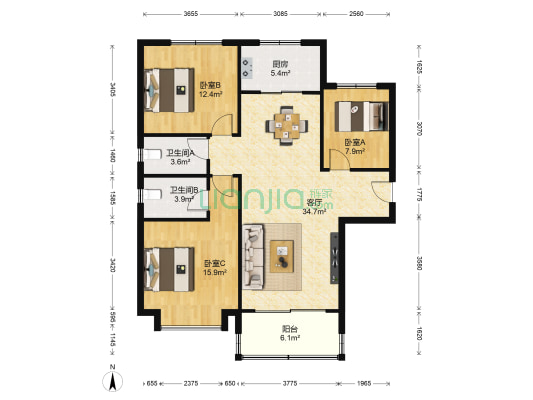 爱丁堡4号院 3室1厅2卫 127平方