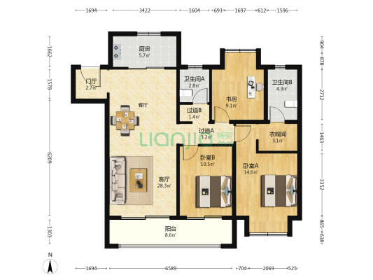 海尔翡翠文华G区 3室1厅2卫 126平方