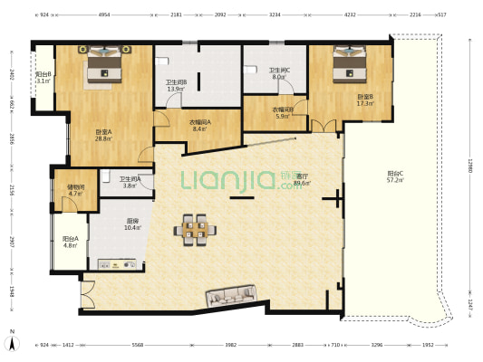 鼎邦丽池(公寓) 2室1厅3卫 274平方