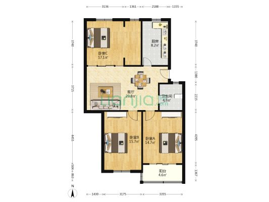 鹤庆苑 3室1厅1卫 108平方