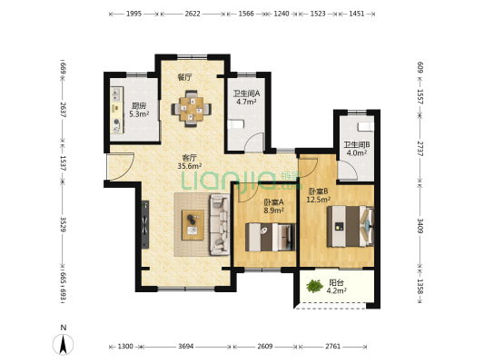 荣盛花语城三期 2室1厅2卫 103平方