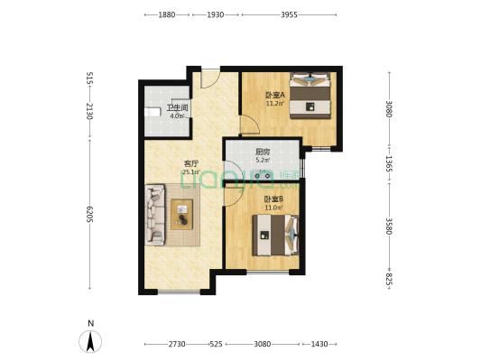高铁新干线 2室1厅 南-户型图
