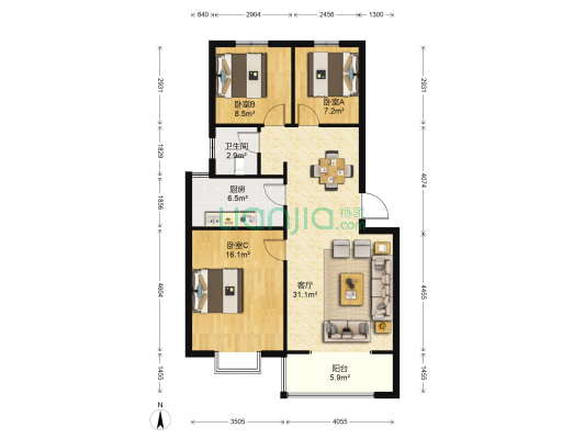 菁华名家 3室1厅1卫 91平方