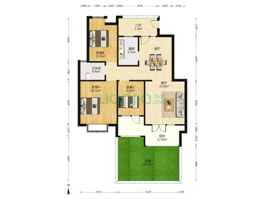 香江健康小镇郁金香园 3室1厅1卫 124平方