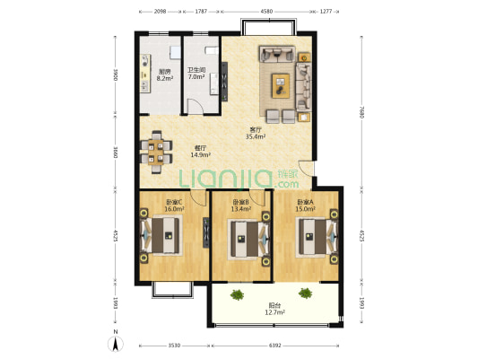 中佳花园 3室2厅1卫 138平方