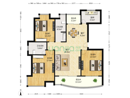 蔚蓝城市花园 3室2厅2卫 133平方