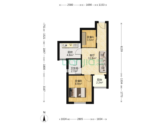 君奕国际公馆 2室1厅1卫 52平方