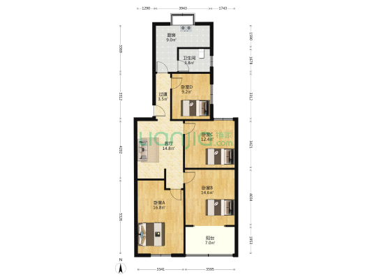 党校宿舍（武广万松园） 4室1厅1卫 110平方