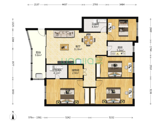 茶叶公司住宅小区 4室1厅2卫 117平方