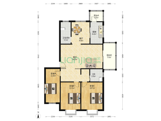 河滨公寓 3室2厅2卫 128平方