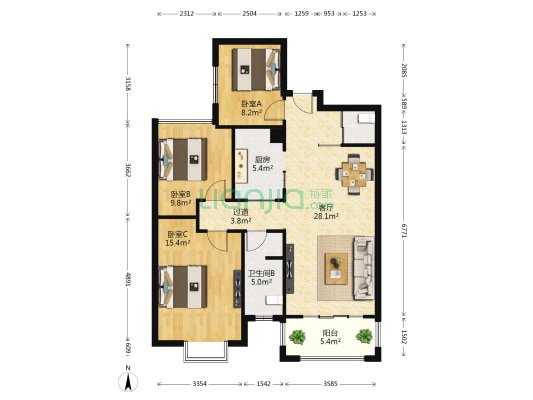 保利香槟国际 3室1厅2卫 94平方