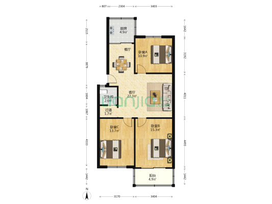 杏聚村 3室1厅1卫 98平方