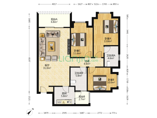 太阳公元二期 3室1厅2卫 118平方