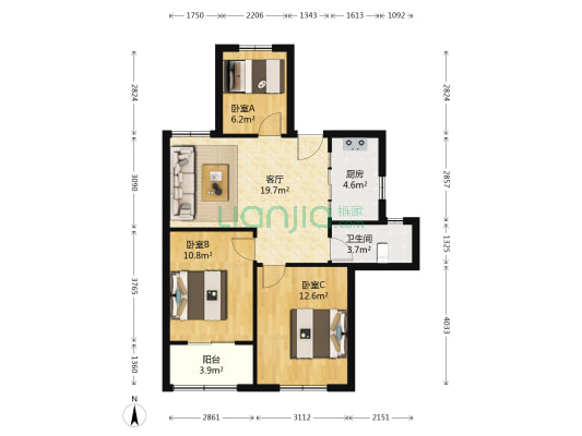 花港幸福城玫瑰园 3室1厅1卫 88平方