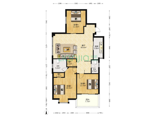 西洋公寓 3室1厅2卫 129平方