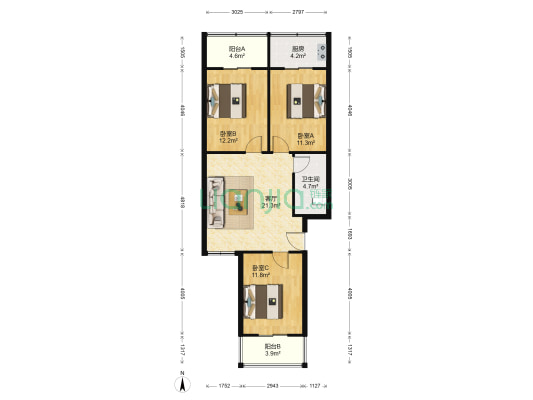 玥尚小区 3室1厅1卫 95平方