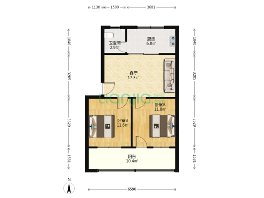 汽车城宿舍 2室1厅1卫 68平方