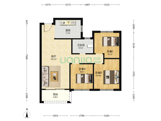 福和瑞园 3室1厅1卫 104平方
