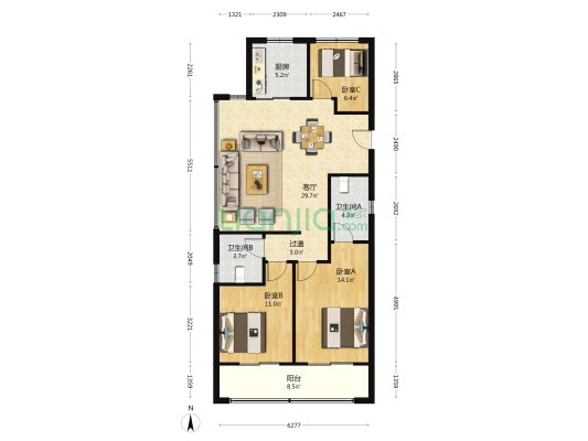 绿城桂语新月 3室1厅2卫 108平方