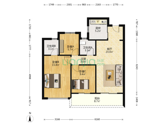 荣安春月杭宁府 3室1厅2卫 97平方
