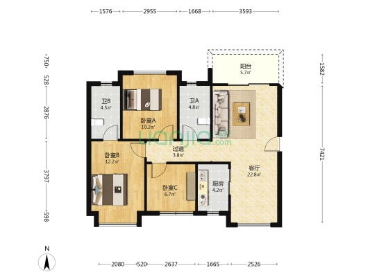 圣桦璟轩 3室1厅2卫 89平方