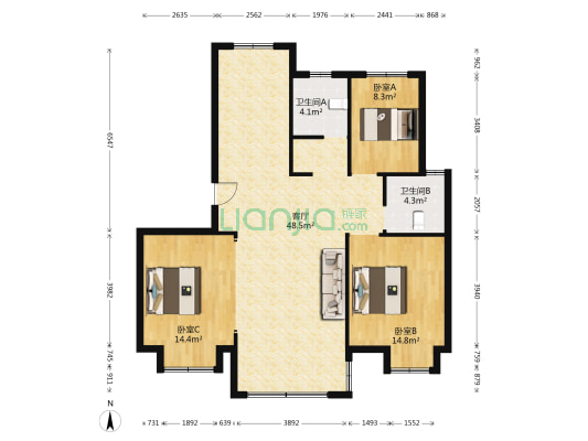 永盛花苑东区 3室1厅2卫 125平方