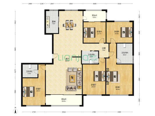 奥体新城丹若园 5室1厅3卫 264平方