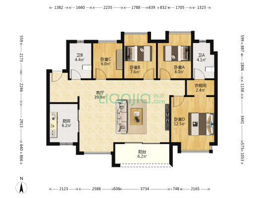 美的玖峰广场 4室1厅2卫 118平方