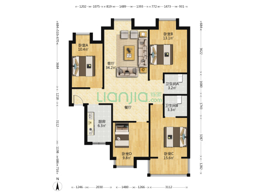 清河七彩苑 4室1厅2卫 128平方