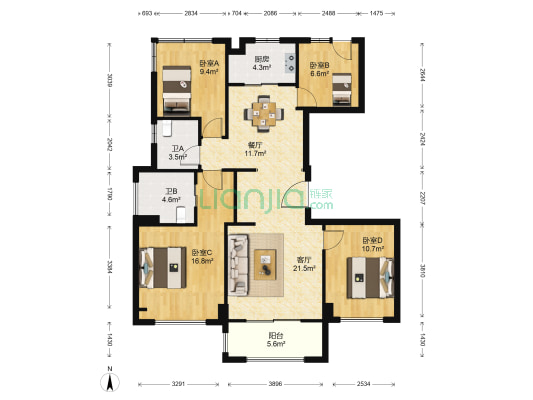 万科西江月 4室2厅2卫 128平方