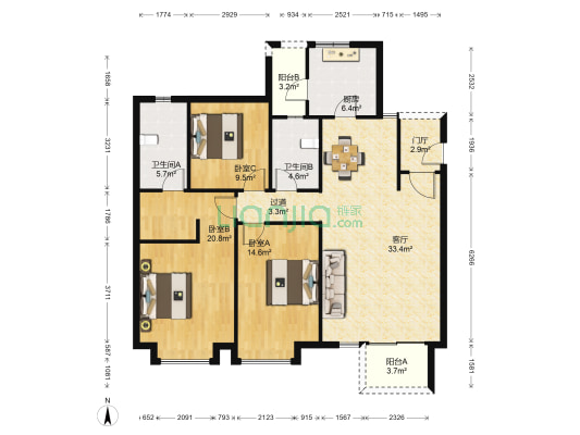 嘉裕第六洲龙泽台 3室1厅2卫 125平方
