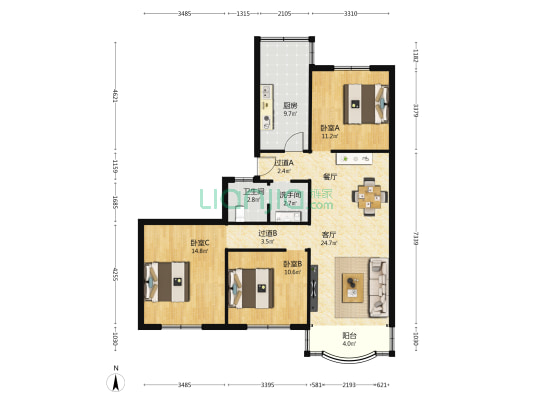新鑫公寓 3室1厅2卫 110平方