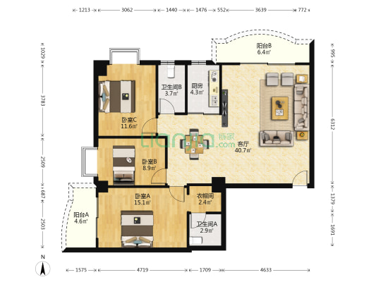 榆海华庭 3室1厅2卫 127平方