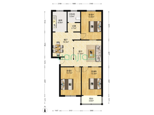 早春园小区 3室2厅1卫 106平方