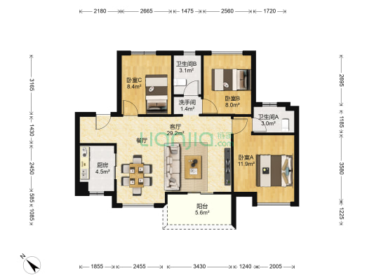 招商依云水岸 3室1厅3卫 90平方