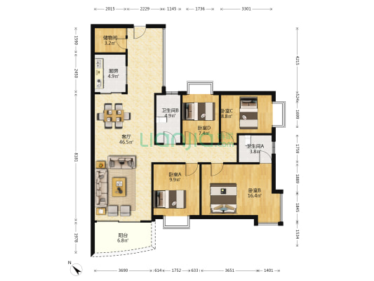 润宇豪庭 4室1厅2卫 141平方