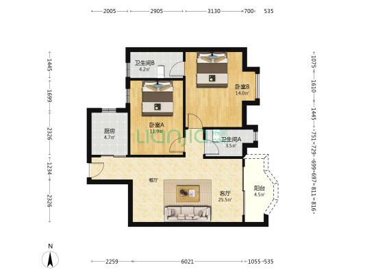 丰田花园 2室1厅2卫 87平方