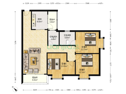 金宝小区 3室1厅2卫 113平方