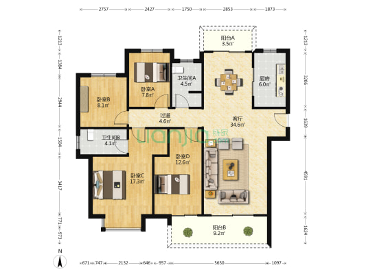 保利洪源泰府 4室1厅2卫 141平方