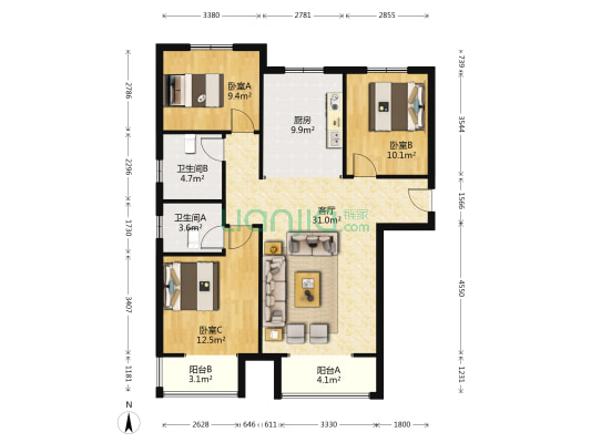 房子户型是南北通透，毛坯，采光好，视野好-户型图